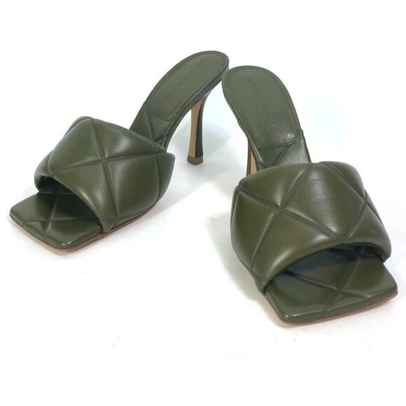 NEW BOTTEGA VENETA Nappa Quilted Rubber Lido Mule Sandals 38 Khaki - Picture 1 of 9